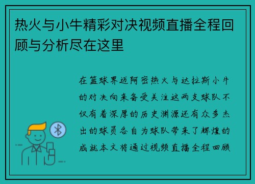 热火与小牛精彩对决视频直播全程回顾与分析尽在这里